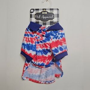 Woof Medium Red White and Blue tie dye Dog apparel Collared Shirt 4th of July